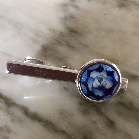 Men’s Cloisonné Cufflink and Tie Bar Set.  Hand Made in Velvet Box. Deep Blue. - Picture 4 of 7